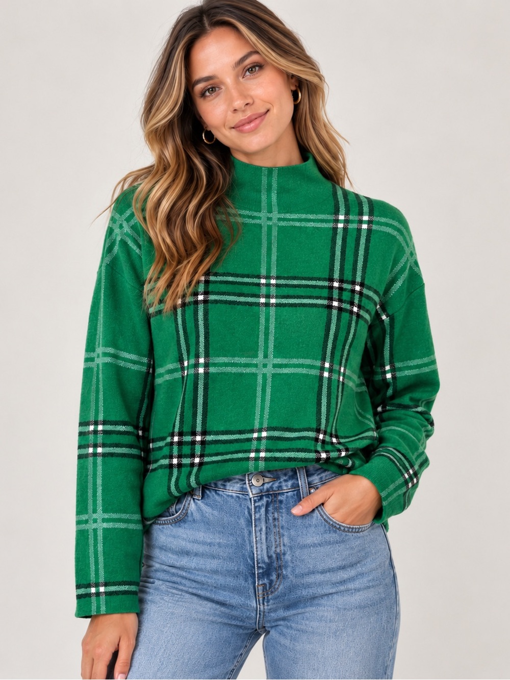 Nicole Miller Green Plaid Mock Neck Sweater small - Picture 1 of 8
